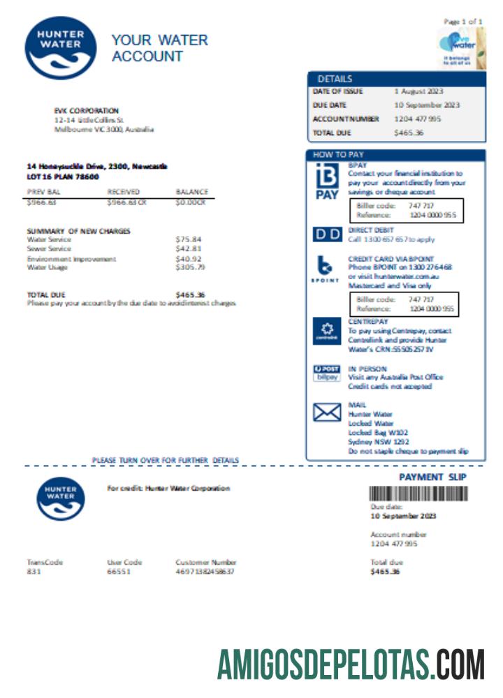 Projeto de lei comercial de serviços públicos de água da Hunter, SCR exemplo real